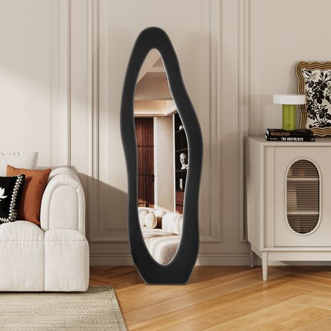 Comanlai - Miroir sur Pied Ondulé 160 x 50 cm en Flanelle – Miroir Pleine Longueur Mural ou Incliné Moderne pour Salon, Chambre et Dressing - Noir (1/5)