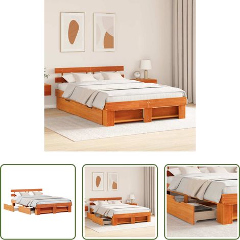 vidaXL Bois de pin - Cadre de lit avec tête de lit Brun cire 140 x 200 cm Pin massif (1/5)