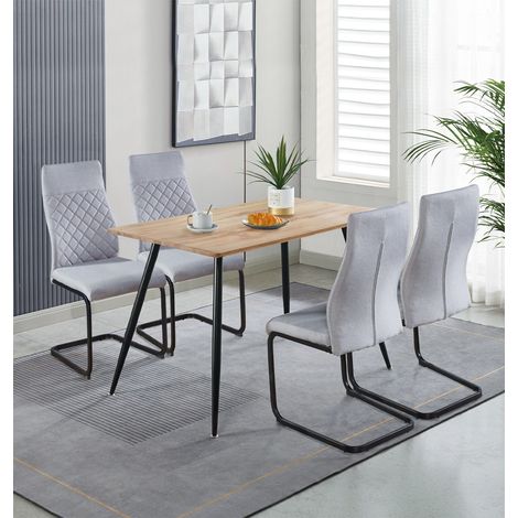 Hallowood Furniture Cullompton Dining Table and Chairs Set 4, Brown Oak Effect Top Small Rectangular Kitchen Table and 4 Chairs in High Back, Grey Fabric Upholstery and Metal Legs for Home & Café (1/5)