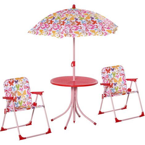 Kids Outdoor Bistro Table Chair Set Butterfly Pattern Garden Patio Backyard with Removable & Height Adjustable Parasol (1/5)