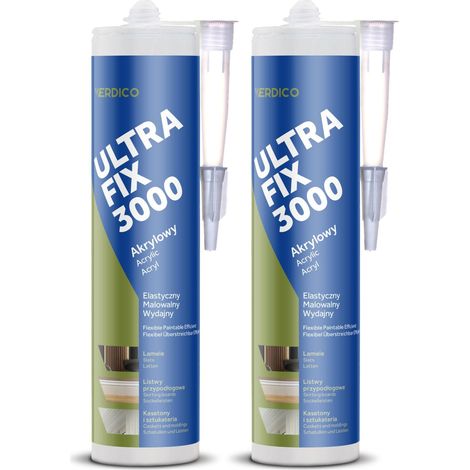 Colle De Fixation Acrylique Ultra Fix 3000, 2 x 280 ml, Fixation Forte Pour Plinthes Et Panneaux Muraux, Blanc, Flexible Et Recouvrable, Lot Économique