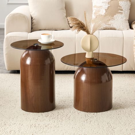 Ensemble 2 Tables Basses Forme Cloche, Verre Trempé, Acier Laqué Brillant, pour Salon, Chambre, Marron (1/4)