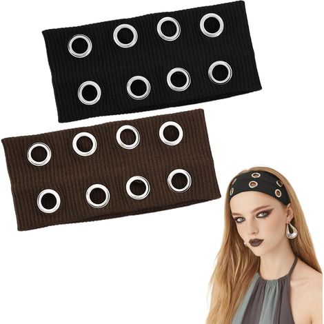 Bandeau Élastique à Œillets Creux Large Bandeau Punk Grunge Accessoire Cheveux pour Femmes Mode Y2K pour Yoga, Course, Travail, Halloween (Noir, Marron)