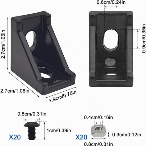 Series Black Aluminum Corner Brackets L Connectors M5 Nuts M5 Hex Bolts Extruded Aluminum Fitting (1/3)
