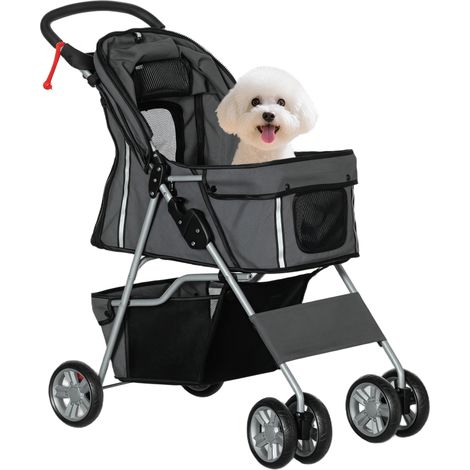 Petit chariot pour chiens avec auvent ajustable, porte-gobelet et roues 75 x 45 x 97 cm gris foncé, panier de rangement