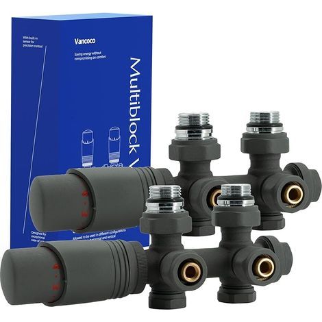 2 Pièces Anthracite Kit Multibloc Universel Pour Radiateur, Raccordement Central avec 50mm, Vannes Thermostatiques Pour Radiateur et Chauffage