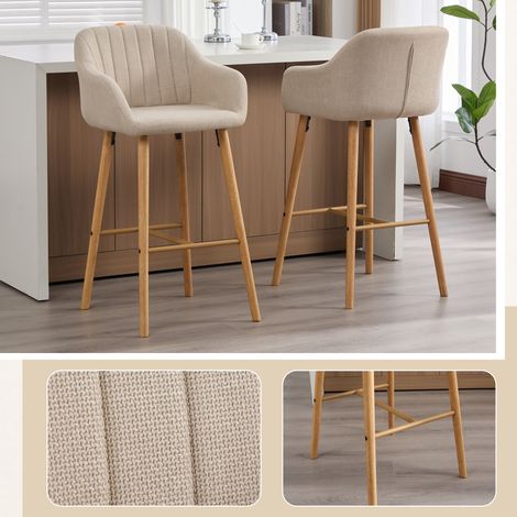 Tabourets bar européens dossier haut accoudoirs lin pieds bois lot 2 cuisine îlot design beige
