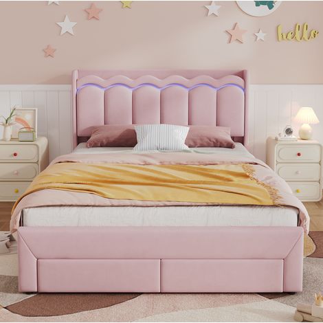 Cama infantil 140x200 cm de terciopelo rosa con LED y 2 cajones, sin colchón – MEUBLIV (1/5)