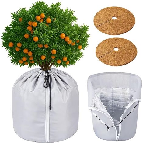 Lot de 2 Housses Thermiques pour Plantes en Pot 65×70 cm,Protection Gel Plante Extérieur avec Fermeture Éclair, Cordon de Serrage + 2 Tapis Fibre de Coco, Isolation Thermique pour Pots de Fleurs (1/5)
