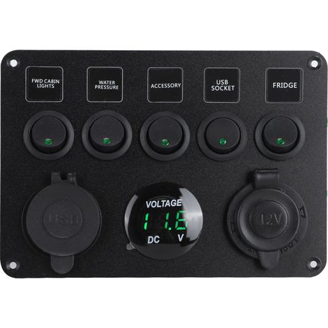 Panneau 5 Interrupteurs à Bascule LED avec Voltmètre Numérique Universel pour Camping-car, Voiture, Bateau - Vert, 12V/24V (1/5)