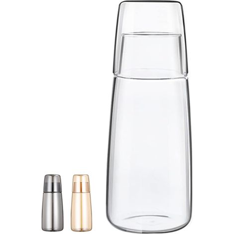 1 Carafe à eau, Verre, 750 ml, Couvercle multifonction, Transparent, Chambre, Salle de bain