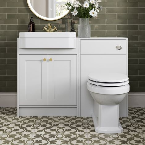 1120mm Bathroom Vanity Unit BTW Toilet Basin Freestanding Soft Close Traditional Brass Handles, White (1/5)