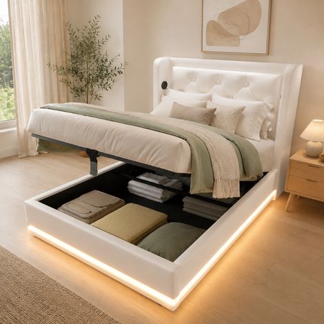 Cama tapizada 90/200 cm en PU blanco con arcón, LED de 3 lados y USB Tipo-C (1/5)
