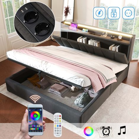 Lit coffre 160x200 cm avec LED RGBW, tête de lit avec rangements, prises USB et Type-C, sommier à lattes, lin gris, sans matelas (1/5)