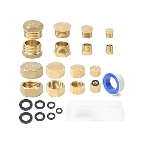 16 Pezzi Set Tappi Filettati Esagonali in Ottone, 1/8" 1/4" 3/8" 1/2" Tappi di Chiusura, con Nastro Teflon e 8 Guarnizioni in Gomma per Acqua e Aria (1/4)