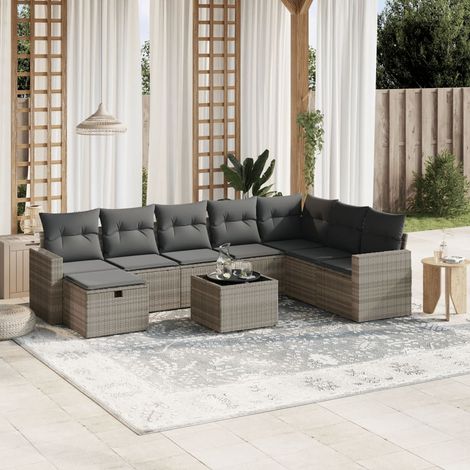 Set muebles jardín 9 pzas y cojines ratán sintético gris claro vidaXL (1/4)