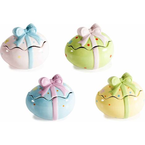 Barattoli adatti al contatto alimentare / portadolci / biscottiera in ceramica colorata a forma di uovo Pasquale, set da 4 pezzi, cm 12 x 10 x 10,5 H