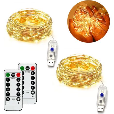 [Lot de 2] Guirlande Lumineuse 100 LED 10m avec 8 Modes, Alimentée par USB, Guirlande Étanche IP65 pour Intérieur et Extérieur, Cuivre avec Minuterie à Distance pour Chambre, Fête et Noël
