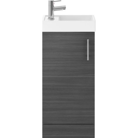 Cloakroom Floor Standing 1 Door Vanity Unit with Basin, 400mm - Woodgrain Anthracite (1/3)