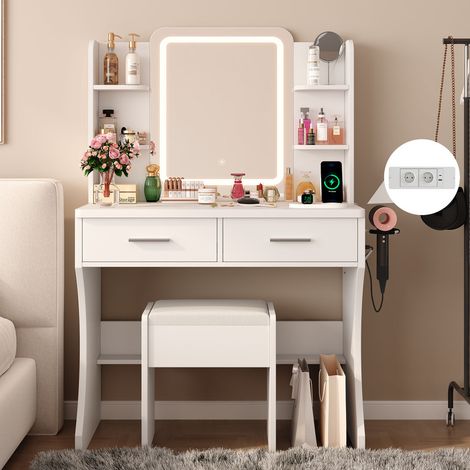 Coiffeuse avec Miroir LED et Tabouret, Luminosité Réglable, 3 Couleurs, Multiprise, 2 Tiroirs, 4 étagères, 80L X 40P X 130H cm, Blanc (1/5)