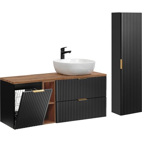 Conjunto mueble lavabo individual 140cm 2 compartimientos cesto y columna Adriel Negro y Madera
