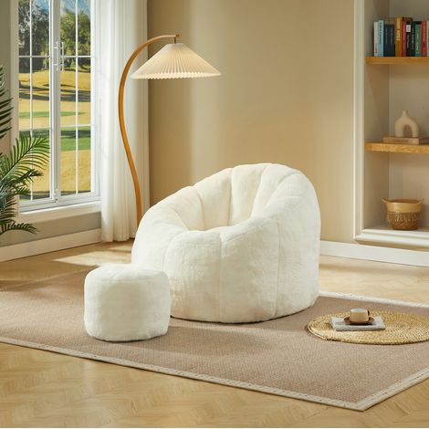Fauteuil pouf avec repose-pieds, 105 x 105 x 70 cm, en peluche imitation lapin, blanc cassé HAVRYA (1/5)