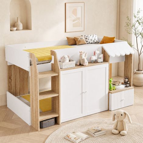 Letto bambino a soppalco 90 x 200 cm con scala, vano aperto, bianco e legno HAVRYA (1/5)