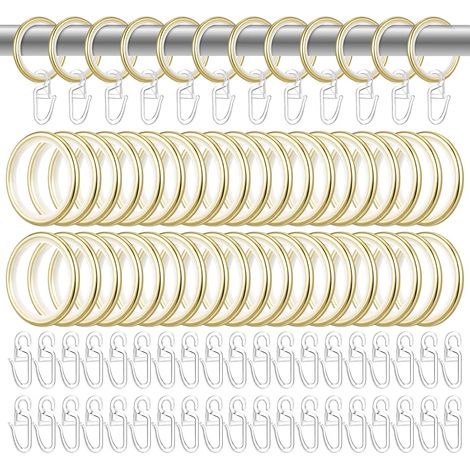 Lot de 50 anneaux de rideau en métal doré avec crochets, diamètre intérieur de 27 mm, anneaux pour tringle à rideaux, glissement silencieux, pour rideaux de douche, fenêtres et portes (1/5)