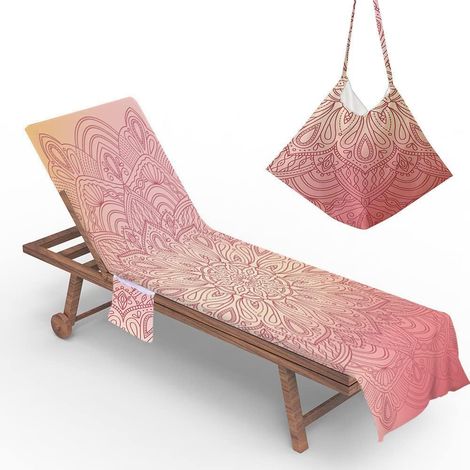 Housse De Chaise De Plage, Mandala Serviette De Plage avec Poches De Rangement, Housse De Transat Pliable Et Légère pour Bain De Soleil (Rouge-Orange,75x210cm)
