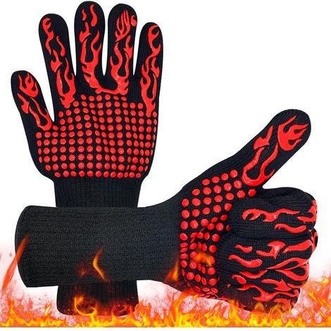 2 Gants Barbecue Anti Chaleur jusqu'à 800 °C Fibre ignifugée, coton et silicone, longueur 32 cm, antidérapants, souples et lavables, pour barbecue, four et cheminée (1/5)