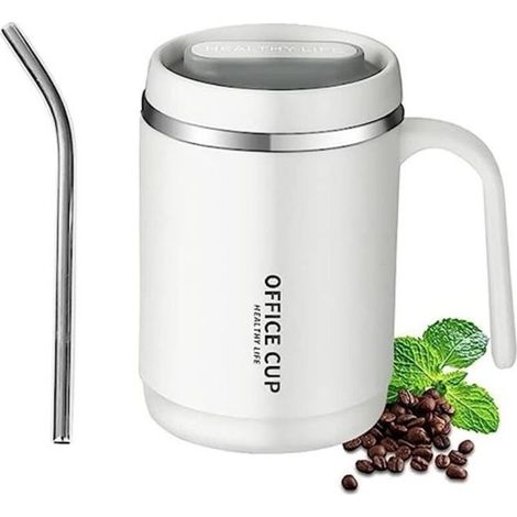 Coffee mug, coffee mug with handle, travel mug with lid and straw, stainless steel thermal mug, for office, home (1/4)