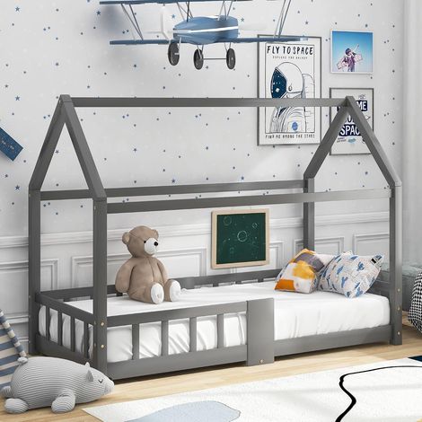 Children's bed - 90 x 200 cm - Wooden children's bed, Single child's bed - With side rail - Fall protection - Made of pine wood - For children - Grey (mattress not included) (1/5)
