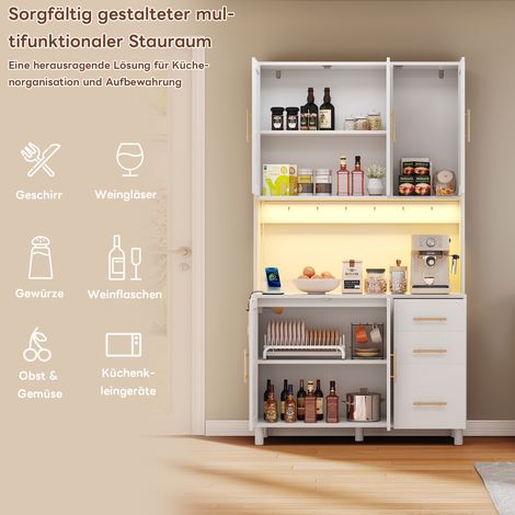 Buffet de salle à manger 183 cm, vaisselier lumineux LED pilotable via application, 2 ports USB, 2 prises, étagères ajustables, 3 tiroirs, poignées dorées en métal, parfait pour cuisine et salle à man