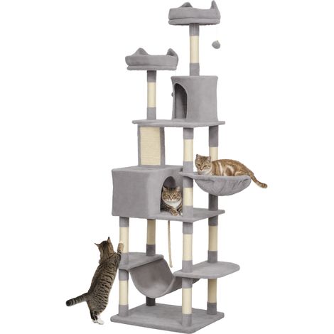 Arbre à chat géant 206 cm – Plusieurs niveaux, niches, balles suspendues, hamacs – Gris