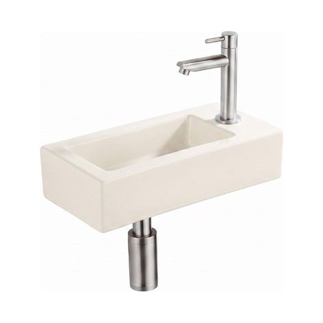 QeramiQ Fuente Lavabo pour WC - 38x18.5x9 cm - ceramique - trou de robinet de Lavabo pour WC a droite - robinet de Lavabo pour WC inox brosse - siphon (1/5)
