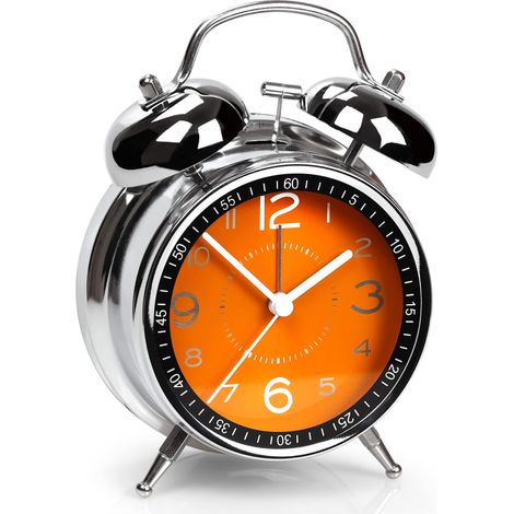 Réveil super fort pour gros dormeurs adulte, sonnerie jumelle rétro 4 pouces, quartz silencieux non tictac avec veilleuse, cadran métal, réveil pour chambre chevet (Orange) (1/5)