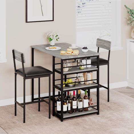 Ensemble Table de Bar,Table a Manger avec 2 Chaises Rembourrées,Table de Cuisine avec 3 Étagères,Table de Bar Métallique avec Ensemble de Tabourets de Bar,Table de Bistrot pour Cuisine(gris) (1/5)