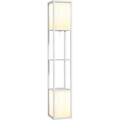 Homcom – Lampadaire sur pied blanc avec abat-jour en tissu – 2 étagères de rangement – Double éclairage E27 – Dimensions 26x26x156 cm (1/5)