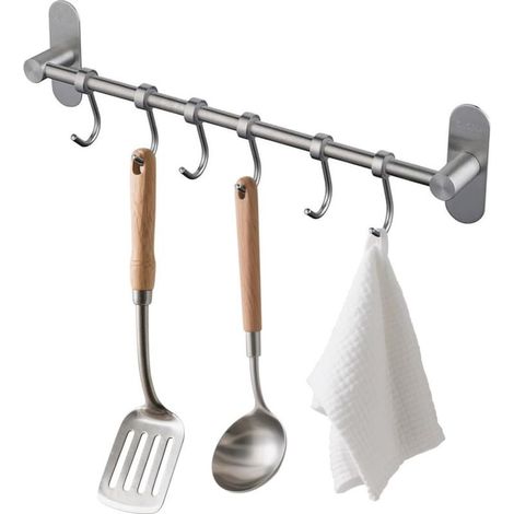 Rack suspendu à vaisselle avec 6 crochets amovibles sans perçage, en acier inoxydable, pour cuisine, poêles, outils, serviettes, casseroles, chapeaux (1/5)