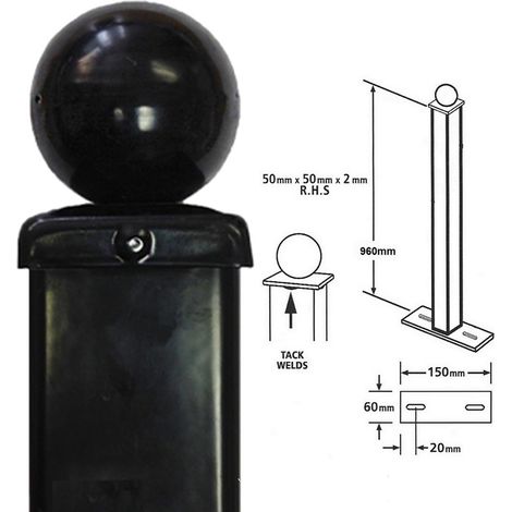 Square Ball Top Bolt-Down Blank Post - Solid Steel - L50 x W50 x H960 mm - Electro Galvanised/Black Powder Coated