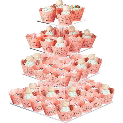 Présentoir à cupcakes carré à 4 étages en acrylique transparent, idéal pour gateaux, desserts, mariages, anniversaires, fêtes à thème et baby showers. (1/5)