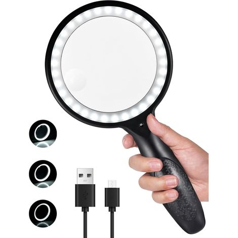 Loupe Grossissante avec Lumiere, 60X 30X loupe de Lecture pour Malvoyant, USB Rechargeable, Loupe Eclairante à 3 Modes, Éclairage Réglable à 33 LED (Noir) (1/5)