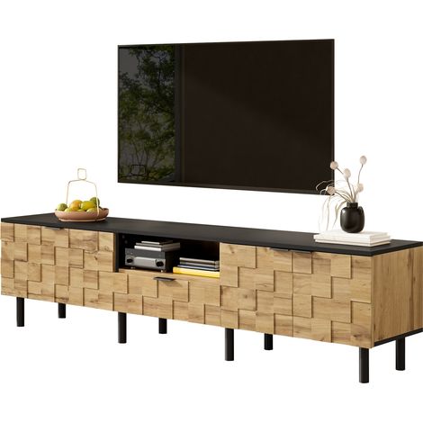 Meuble TV mosaïque, meuble TV bas, 2 portes avec tiroir, meuble multimédia pour salon, aspect bois, panneaux de particules, pieds en métal, compartiment ouvert