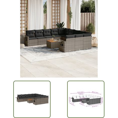 The Living Store 12-tlg. Garten-Sofagarnitur mit Kissen Grau Poly Rattan - Gartenmöbel Set - PE-Rattan Möbel - Outdoor Lounge - Esszimmergarnitur - Balkonmöbel (1/3)