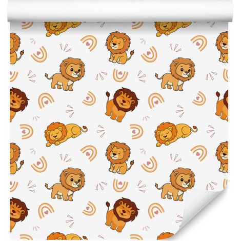 Papier peint Lions Blanc, Crème, Or et Orange pour Salon et Chambre 50x1000 cm (1/5)