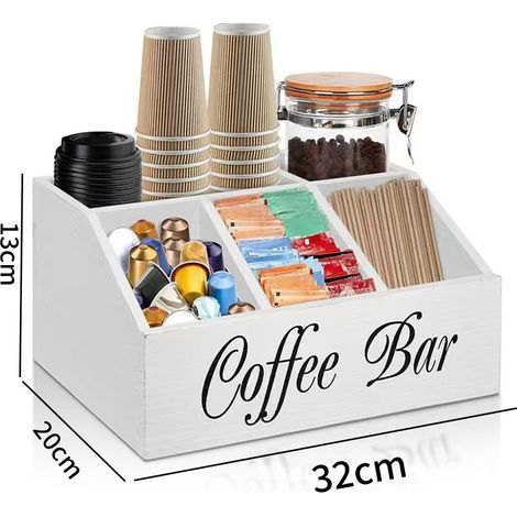Boîte de rangement en bois pour capsules de café, multi-compartiments, organiseur pour sachets et dosettes de thé, blanche (1/5)