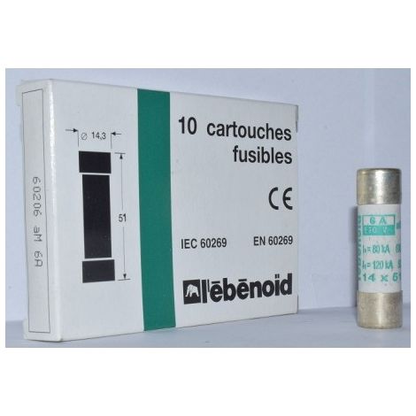 Fusible 6A cartouche 14X51mm aM usage industriel (boite de 10) HPC 120kA 500V sans percuteur EBENOID 060206 (1/2)