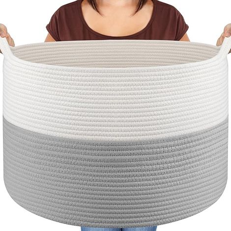 Paniere Linge, Paniere a Linge Sale Osier 83L D55XH35,Panier Corde de Coton Fabriqué à La Main Qualité Supérieure, Grand Panier Rangement Bebe pour Jouets avec poignées, Corbeille a Linge, Gris