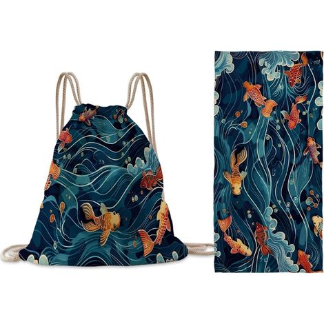Serviette de plage pliable 3D en microfibre pour adultes, 2 en 1, légère, pour bronzer, voyager et nager, motif poisson rouge, 70 x 140 cm (1/3)