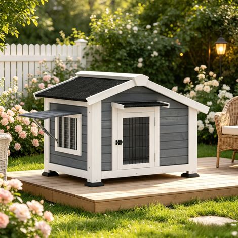 Maison pour chien extérieure surélevée en bois gris, niche imperméable avec toit bitumé, porte grillagée en métal, fenêtre amovible et plancher détachable, pour jardin – CHICFURN (1/5)